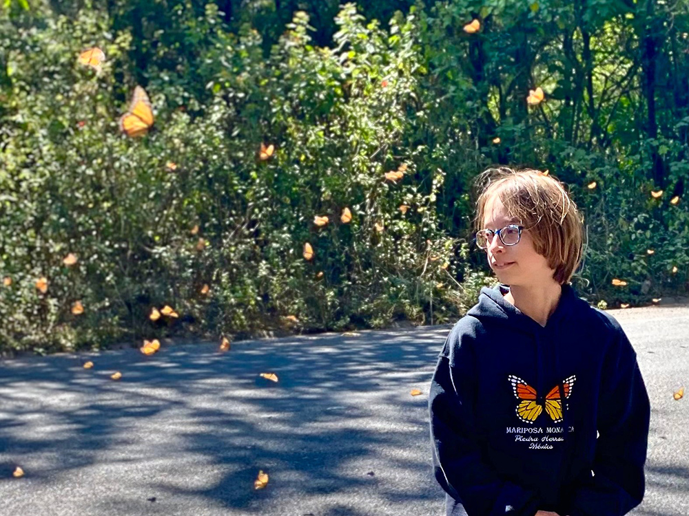 Noah surrounded by monarchs in flight