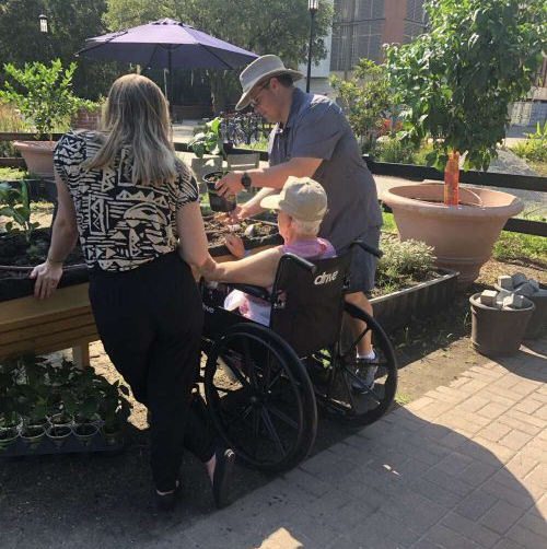 Raised bed of pollinator plants being accessed by someone in a wheelchair and friends 