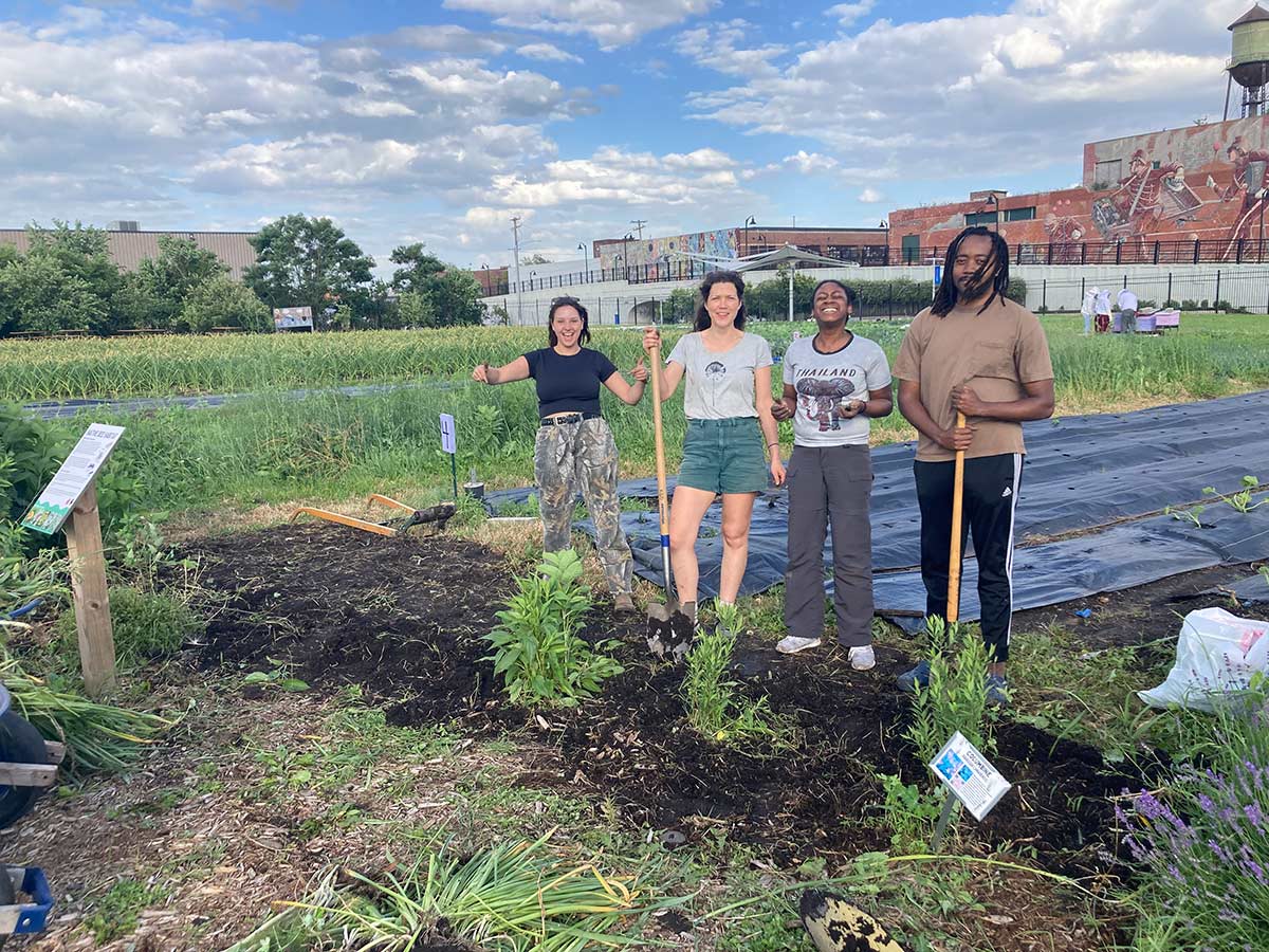Four people, two white and two black, holding shovels and smiling while standing in front of a freshly weeded and mulched area for planting pollinator habitat. Behind them tarps protect a small plot of crops. 