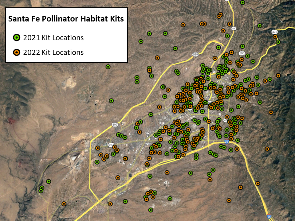 Map showing where Santa Fe Pollinator Habitat Kits have been distributed, dispersed across residential and public spaces in the city of Santa Fe.