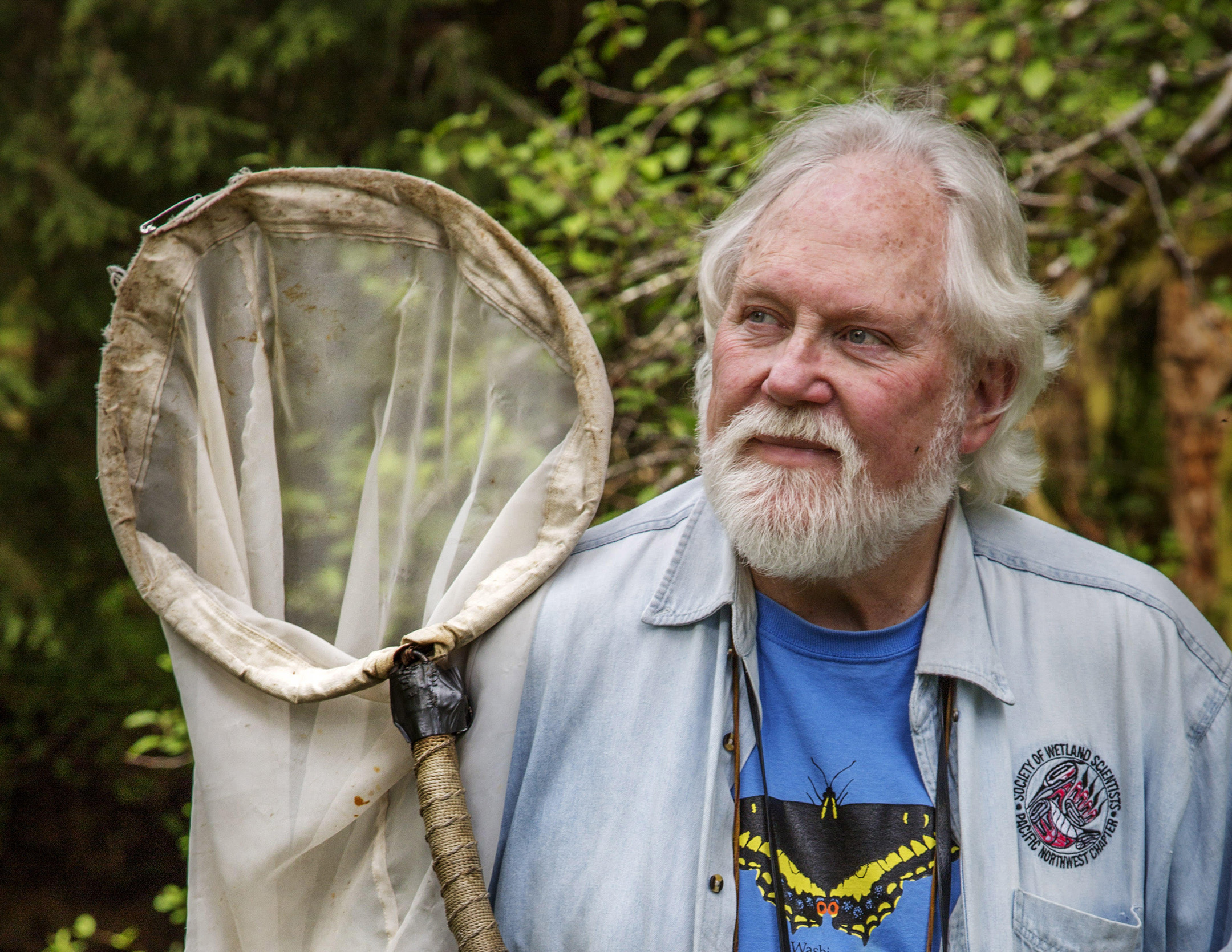 Robert Michael Pyle, who founded the Xerces Society in 1971. He has grey hair and beard, and is wearing a blue denim shirt over a blue t-shirt with a black-and-yellow swallowtail butterfly design -- and is holding his butterfly net.