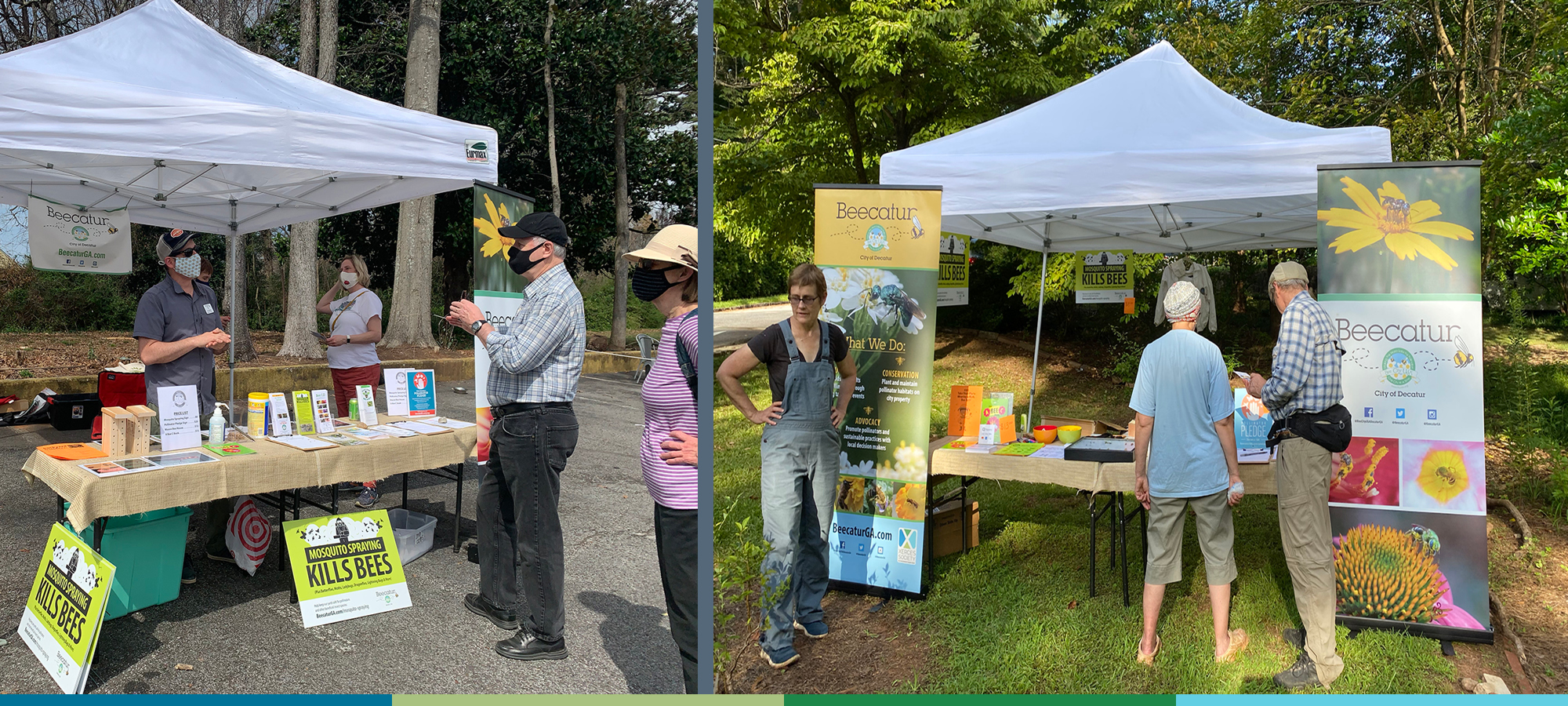 Two photos of tabling at events. The booth has a white canopy and tables with pale brown table cloths. On the tables are a selection of brochures, factsheets, and small signs. Beside the booth are large banners that have photos of yellow, white, and purple flowers. There are people visiting the booth.