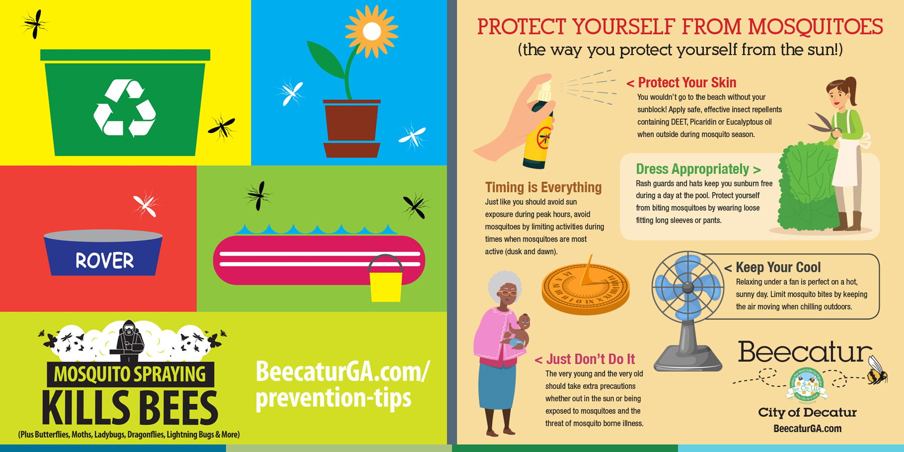 Two examples of graphics. On the left is a graphic that has simple images in bold colors that show places where mosquitoes can breed: unused tubs, flower planters, wading pools, pet bowls. On the right, the graphic has blocks of text in black type with red heading, plus drawings.