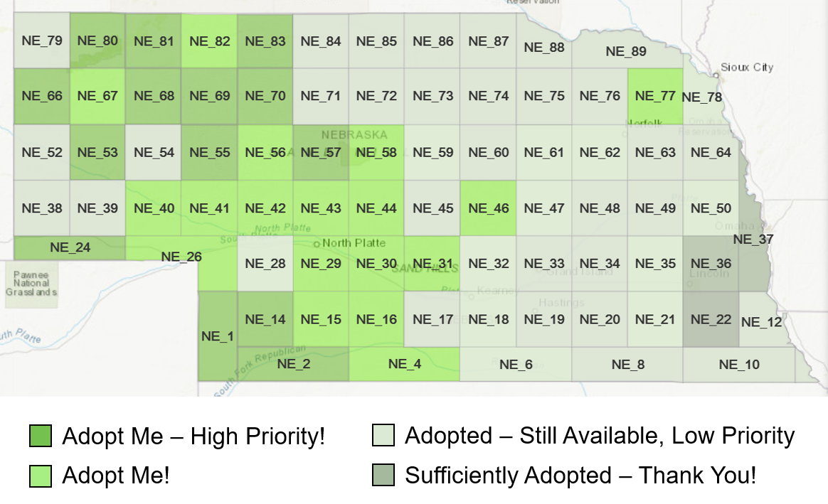 A map shows numbered grid cells across the state of Nebraska. The numbers begin in the southwesternmost corner of the state (NE_1), count upwards from left to right, and then from bottom to top, concluding with NE_89 in the northeasternmost corner. Many squares in western Nebraska are marked as being a high priority.