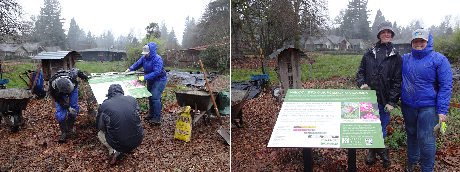 At left, adults install the interpretive sign made for the garden. At right, Carolyn and the author pose next to the sign.