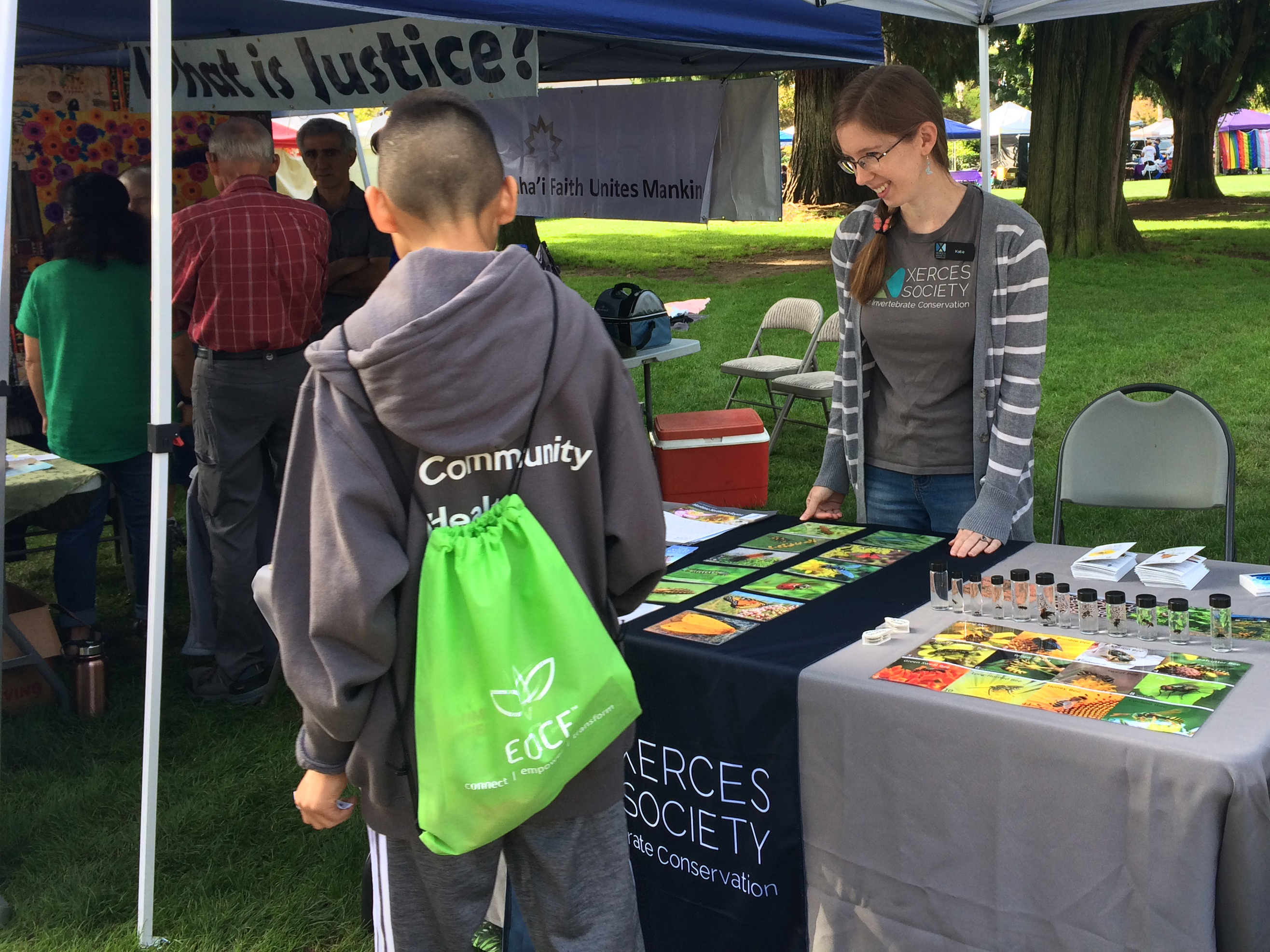 A person with short hair has their back to the camera as they look at a colorful table of activities, including (prominently featured) a lot of glass vials holding specimens. A smiling woman stands on the other side of the table, wearing a Xerces Society shirt, and appears to be in conversation with the visitor.