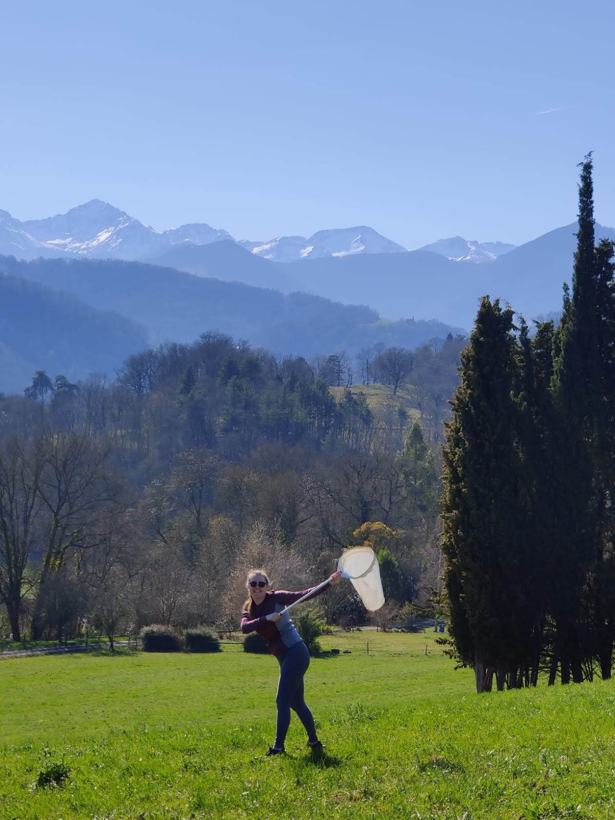 A smiling young woman stands in a grassy field in the sun, swinging a butterfly net. Behind her are trees and mountains.