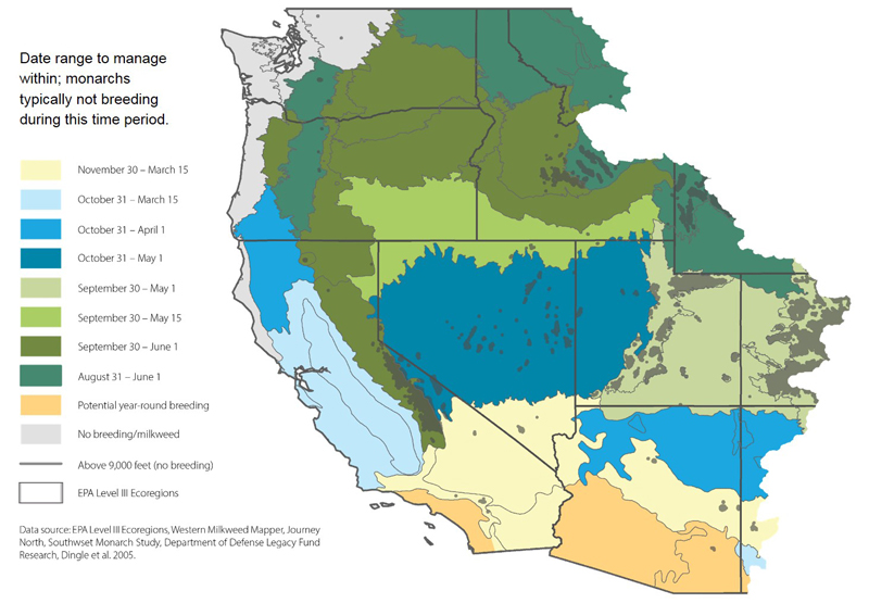 A map of the western United States indicates the management windows, with the heading, "Date range to manage within; monarchs not typically breeding during this time period."