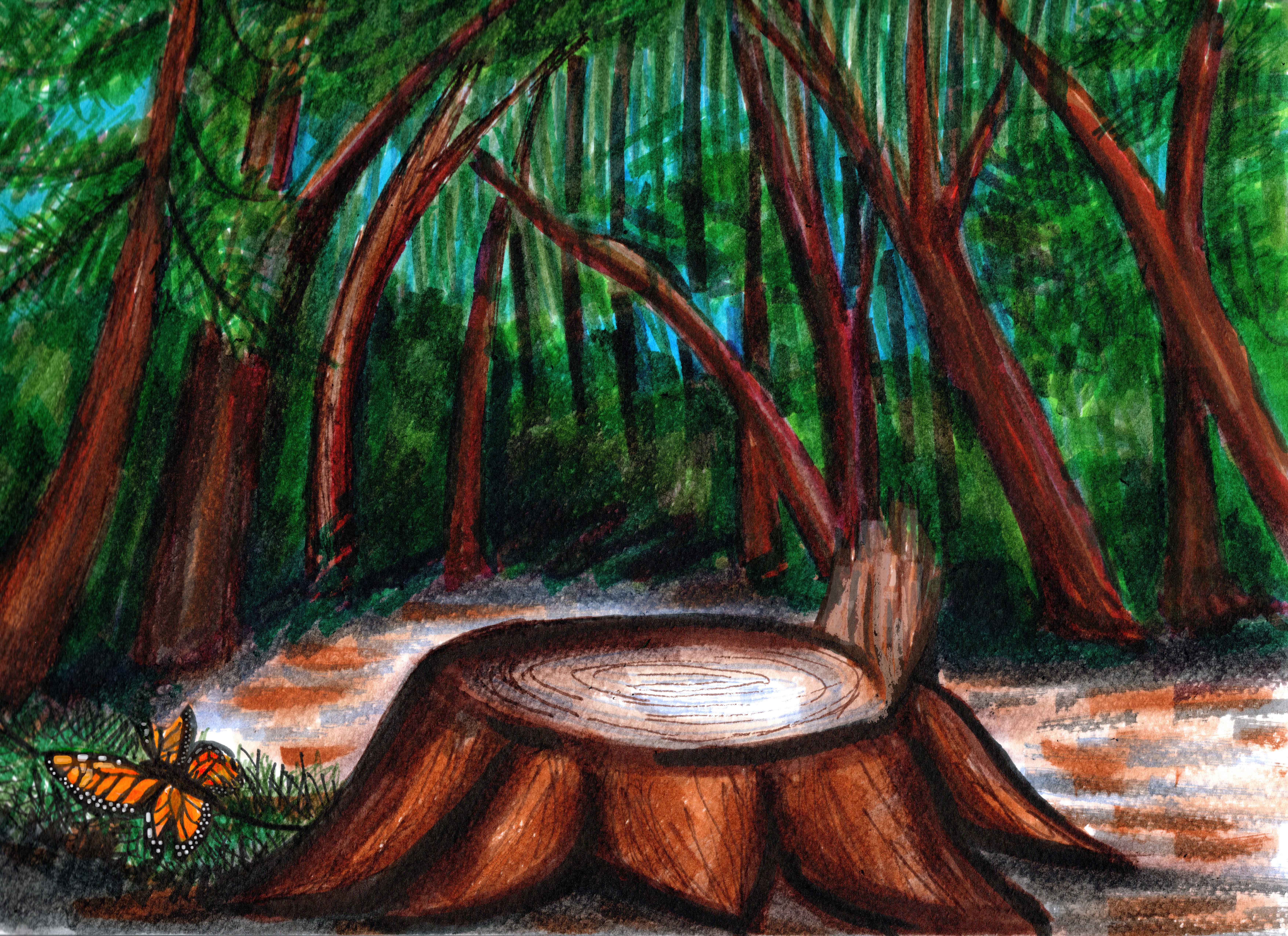In this hand-drawn/hand-painted image, a grove of trees is shown, with a cut stump and a dead monarch with tattered wings in the foreground.