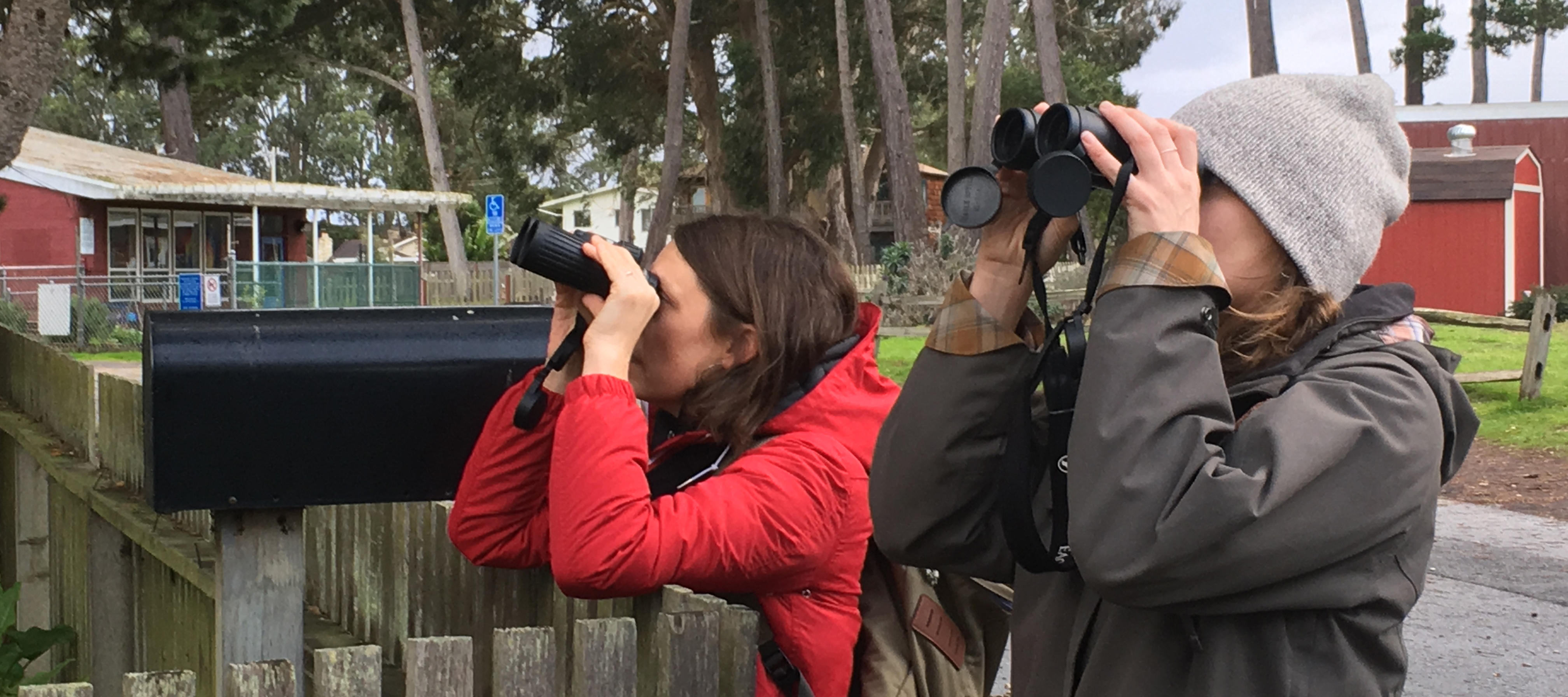 Two women in coats, one with a knit hat, lean on a wooden fence and look into the distance with binoculars.