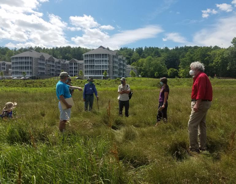 A group of men and women stand in the middle of an old hayfield discussing plans for restoring wildflowers.