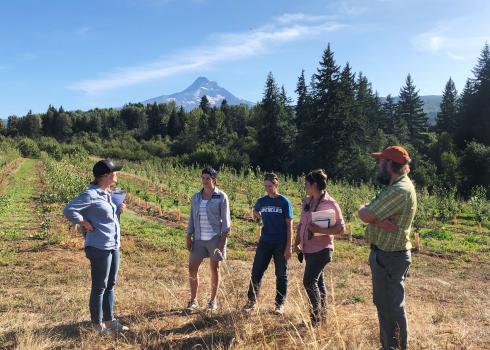 On a sunny day with blue sky, five people stand talking together in the foreground of a beautiful landscape. Behind them is a pear orchard, and beyond is the snow-covered, triangular form of Mt. Hood.