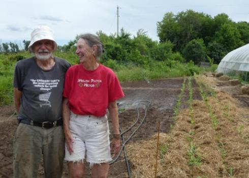A laughing couple stands in front of several rows of planted seedlings