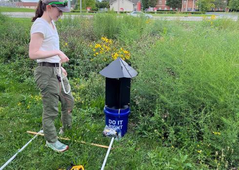A white woman standing in a wildflower field, next to a set of equipment for collecting moths and surveying plant species. In the background, a road and houses show that this is in an urban setting.