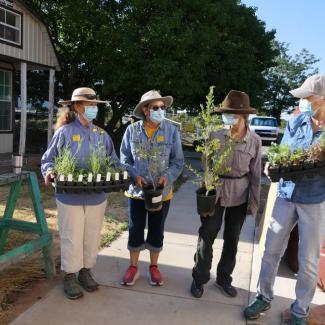 Santa Fe Extension Master Gardeners and the habitat kits they are about plant at the Santa Fe County Extension Office Demonstration Gardens. The eighteen species in the kits are native, climate-resilient species which will support a diversity of native pollinators across seasons. (Photo: Kaitlin Haase / Xerces Society)